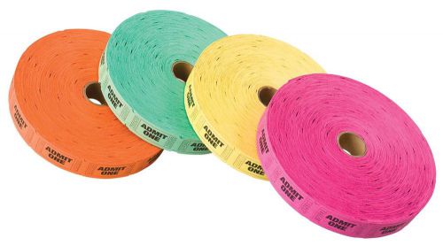 PM Company Admit One Ticket Rolls, 2000 per Roll, 4 Rolls in Assorted Colors