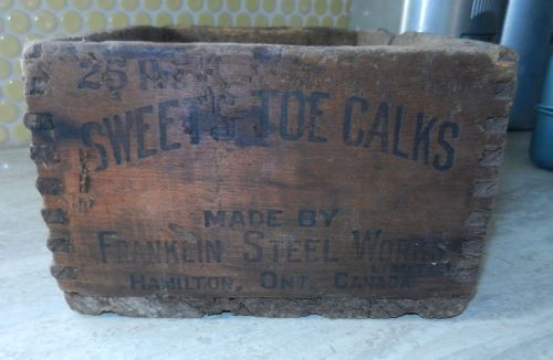 Antique Sweet&#039;s Toe Calks wood box Franklin Steel Works Hamilton Ontario Canada