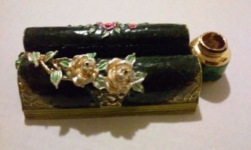 Desk business pen card holder metal enamel pink and yellow roses elegant piece