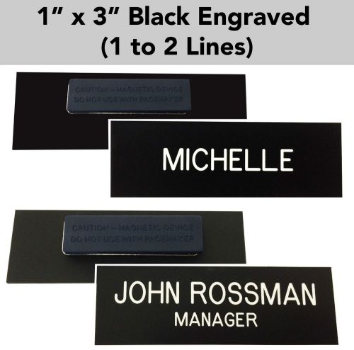 Custom engraved black - 1&#034; x 3&#034; name badge tag w/ magnet - personalized business for sale