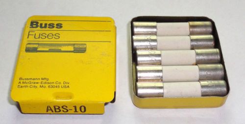 BOX OF 5 NOS TYPE 4AG BUSSMANN ABS 10 AMP SLOW BLOWING CERAMIC FUSE 250 VAC