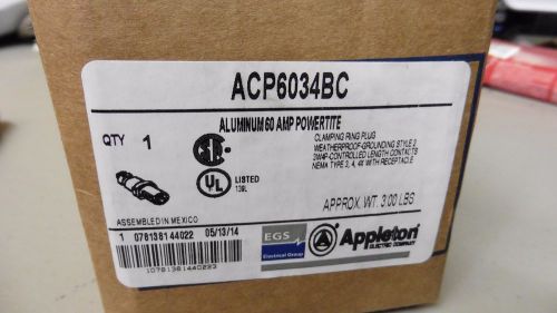 Brand new 60a appleton acp6034bc 60-amp pin &amp; sleeve powertite plug 600v adr6034 for sale