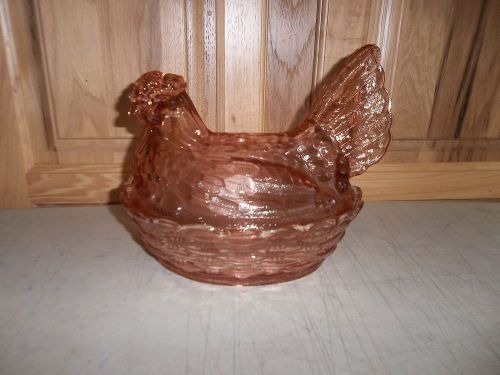 Pink carnival glass hen chicken on nest basket candy butter dish rooster egg art