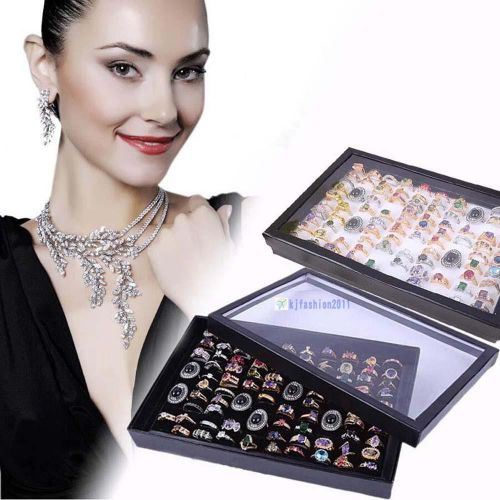 Jewelry rings display tray velvet pad 100 slot show case box jewelry storage for sale