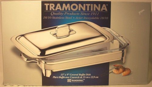 Nib tramontina 13&#034; x 9&#034; covered buffet dish 18/10 stainless w/microwave safglass for sale