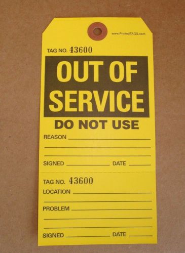1000 numbered out of service hang tags with wires, yellow safety paper labels