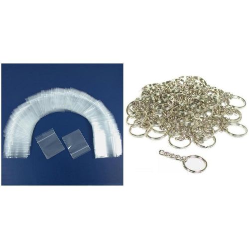 Resealable clear plastic bags 2&#034; x 2&#034; &amp; nickel plated key chain ring kit 150 pcs for sale
