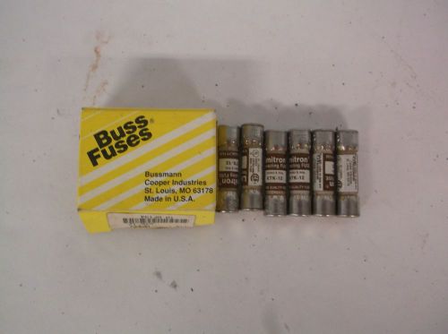 New lot of 6 1-1/2&#034; fast acting midget fuse, 600vac, 12a bussmann, ktk-12(b87t) for sale