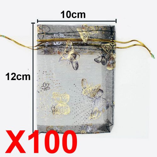 100 XL black butterfly organza gift candy bags jewellery favour pouches wrap
