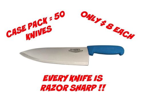 50 Blue Chef Knives 10” Blade - Blue Handle Cook’s Knives Razor Sharp Bulk New