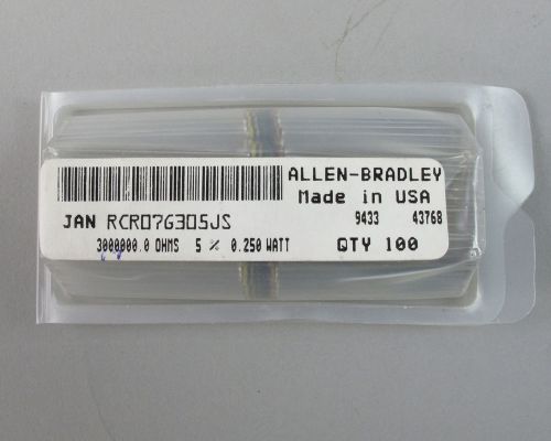 (100) allen-bradley rcr07g305js carbon comp resistors 3meg. ohm 1/4 watt 5% tol. for sale