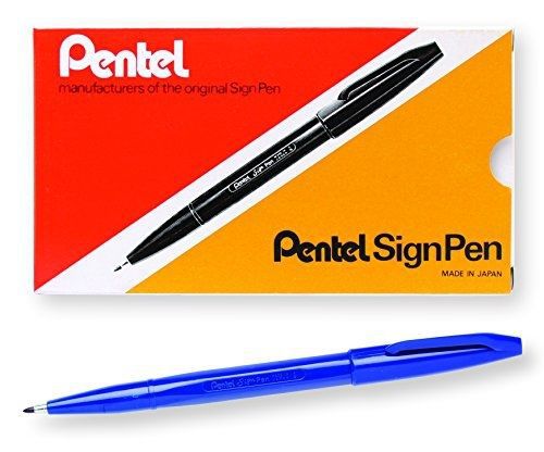 Pentel Sign Pen Stick Porous Point Pen, Blue Barrel, Blue Ink, Bold Point, Box