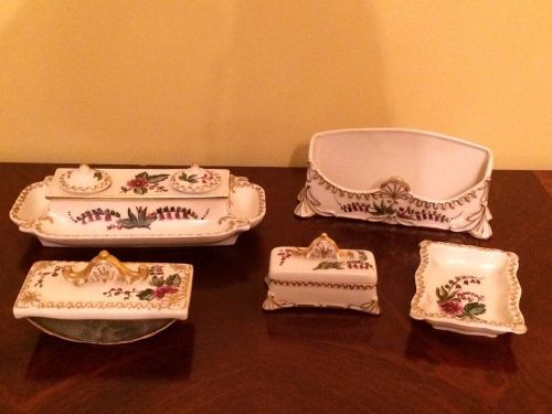 Beautiful Vintage Ceramic 5 Piece Desk Set Hand Painted Royal Crown China