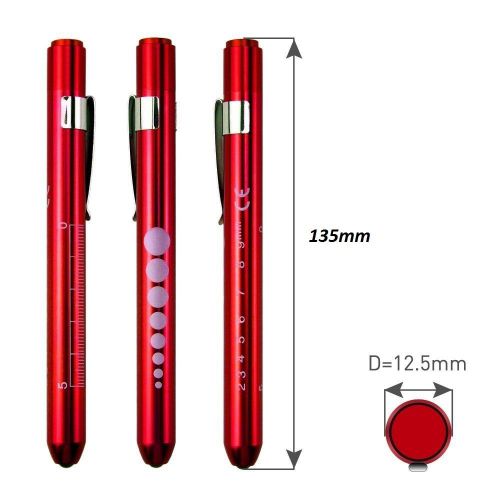 Set of 3 pcs Red Aluminum Penlight Pocket Medical LED with Pupil Gauge Reusable