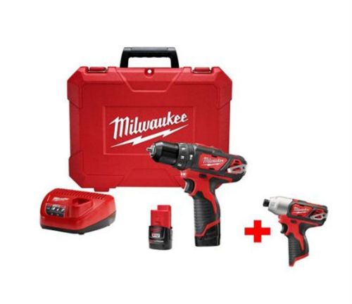 M12 12-volt lithium-ion cordless 3/8 in. hammer drill/driver kit + impact driver for sale