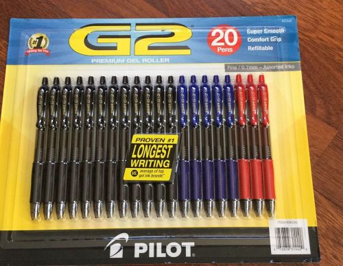 Pilot G2 Premium Gel Roller Fine 0.7mm Super Smooth Black Blue Red Inks, 20 Pens