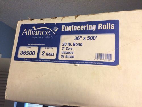 Alliance Untaped 20lb Bond Engineering Rolls 36&#034; x 500&#039; 3&#034; Core Paper Printer