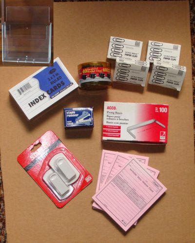 Misc office supplies - binder / paper clips; literature stand; index cards; more for sale