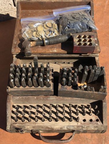 Antique metal steel stamping dies letter number punch stamps wood boxes for sale