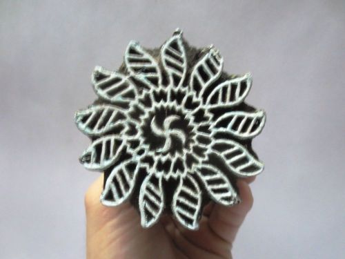 VINTAGE INDIAN WOOD HAND CARVED TEXTILE PRINT FABRIC BLOCK STAMP ETHNIC ROUND