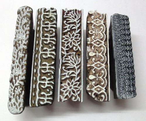 LOT OF 5 INDIAN WOODEN HAND CARVED TEXTILE PRINT FABRIC BLOCK STAMP BORDERS 001