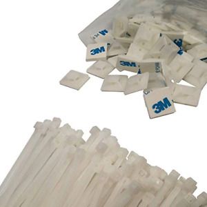 Zip Ties Adhesive Mounts White 100 PACK, Small Cable Tie Mounting 3/4in &amp; Zip
