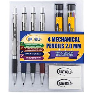 June Gold 4 Premium 2.0 mm 2B Mechanical Pencils, 36 2B Lead Refills, 36 Colored