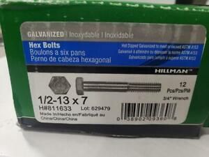BOX OF 12 GALVANIZED HEX BOLTS 1/2 -13 x 7&#034; HILLMAN #811633