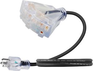 2 FT Outdoor Extension Cord With 3 Outlets - Black 14/3, 3-Prong, Flexible Wire