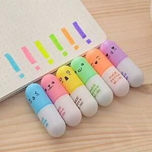 6 Pcs/Set Mini Pill Shaped Highlighter Pens for Writing Cute Face Graffiti A