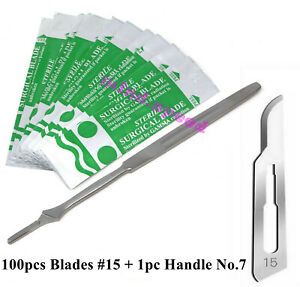 1pc stainless steel scalpel handle #7 + 100pcs surgical sterile blades #15