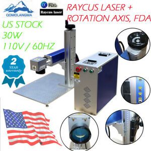 US Stock Split Fiber Laser Marking Machine Raycus Laser + Rotation Axis FDA 30W