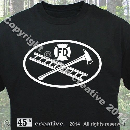 Firefighter T-shirt - fire department axe ladder fireman oval logo tee shirt