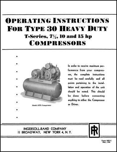 Ingersoll-rand type 30 t-series air compressor manual for sale