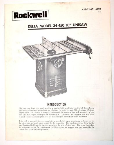 DELTA MODEL 34-450 10&#034; UNISAW MANUAL RR103 operation maintenance adjustment 1973