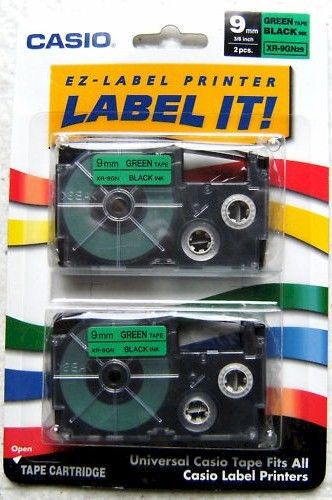 Casio XR-9GN2S  3/8&#034; Black/Green Tape 2-Pack XR9GN2S