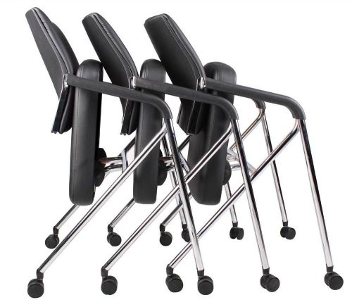 Nesting 4-Legged Conference Chair - Black Faux Leather Stacking Folding Wheels