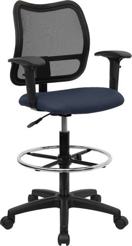 Mid-back mesh drafting stool with navy blue fabric seat and arms for sale