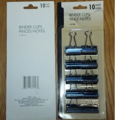 Large 1 1/4&#034; or 32mm Binder Clips Great Size in Blister Pack Pack 0f 10 Office