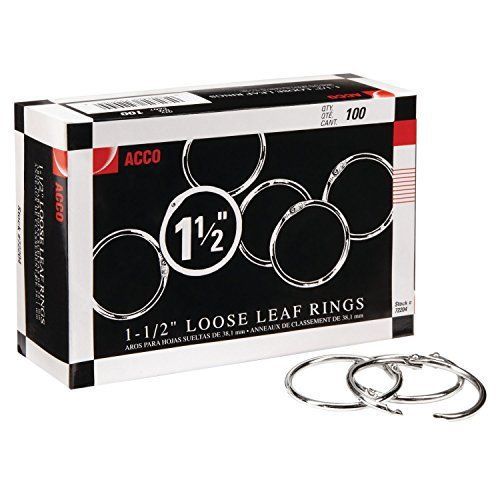 NEW ACCO Loose Leaf Binder Rings  1 1/2 Inch Capacity  Silver  100/Box (72204)