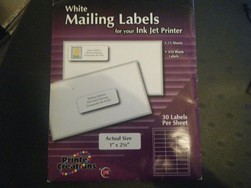NEW  WHITE  Mailing Labels for Ink Jet Printers  1&#034; X 2-5/8&#034;  450 BLANK LABELS