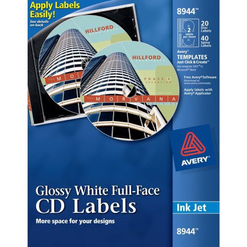 Avery 8944 CD Inkjet Labels, 2 Labels per Sheet, 20 Labels/PK, Glossy White