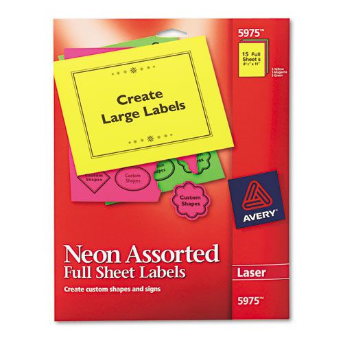 Avery Neon Laser Labels, Rectangle, Assorted Fluorescent Colors, 8 1/2&#034;x11&#034;, 15
