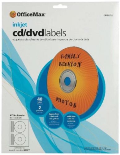 New Sealed OfficeMax Inkjet, CD/DVD Labels, 40/Box, White Matte Finish