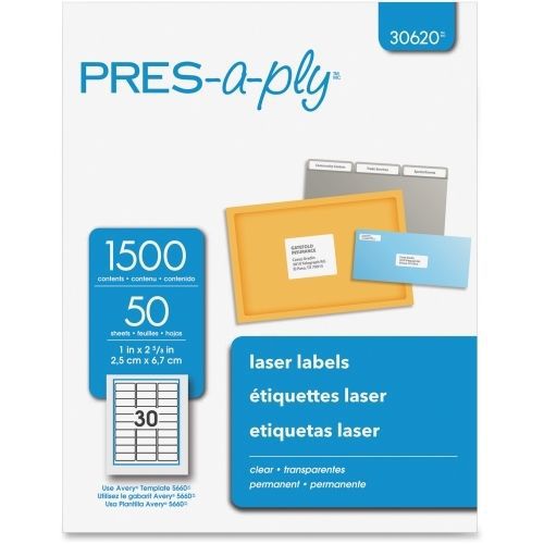 Avery Pres-A-Ply Standard Address Label -2.62&#034;Wx1&#034;L - 1500/Box - Laser