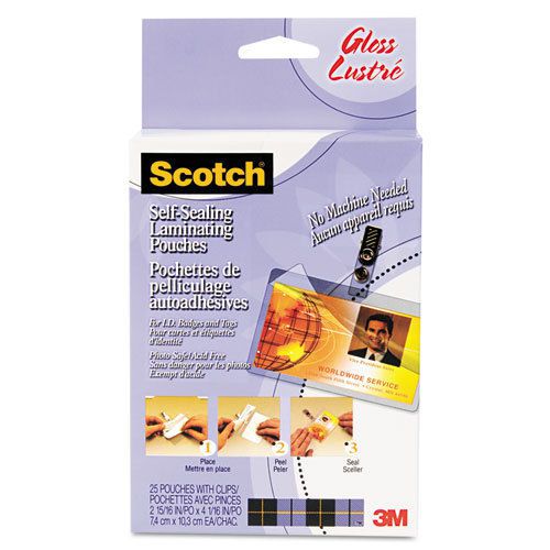 Scotch Self-Sealing Laminating Pouches, 12.5 mil, 2-15/16 x 4-1/16, 25/Pack