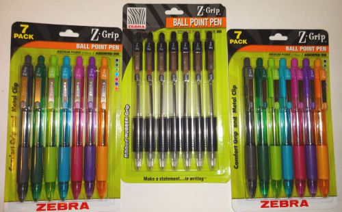 3 pks. Zebra Z-Grip Retractable Ball Point Pen, Med. Point, 1.0mm, Asst. 7/Pack