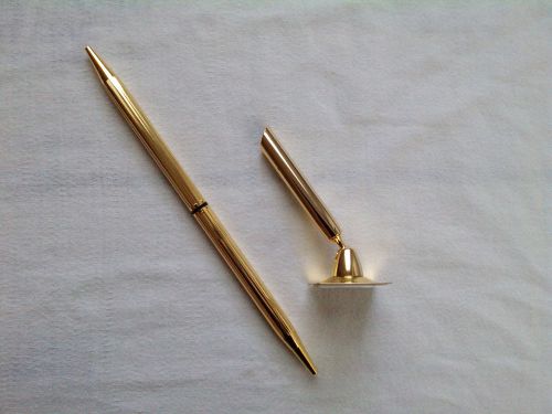 Qty (2) Desk Pen/Funnel Swivel Holder/Peel&amp;Stick Base Gold Finish Executive Slim