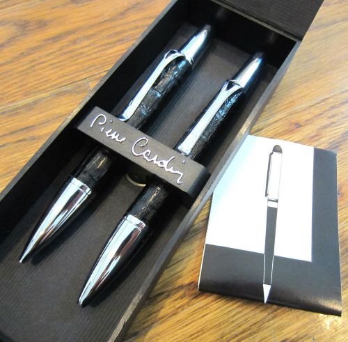 PIERRE CARDIN PEN AND PENCIL SET WITH BLACK LEATHER GRIPS CAE SILVER ACCENTS