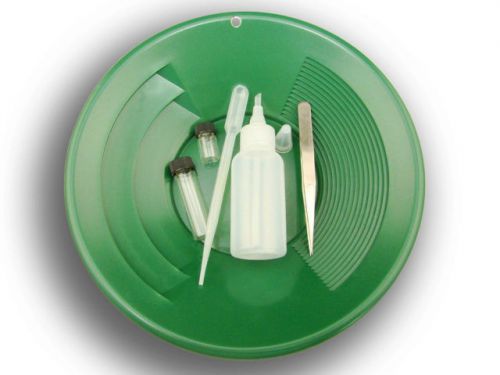 6 Pc Gold Panning Clean up Kit-Snuffer-Sniffer-Tweezers-2 Vials-Green 10&#034; Pan